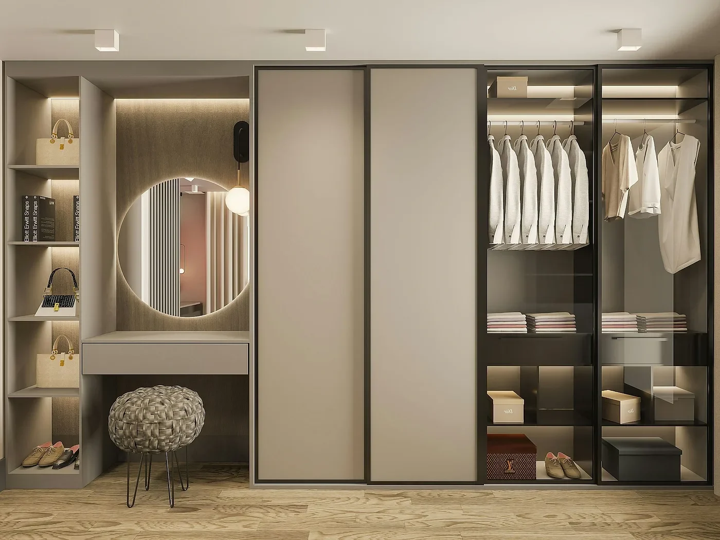 Closet con puertas corredizas, tocador con espejo y repisas iluminadas