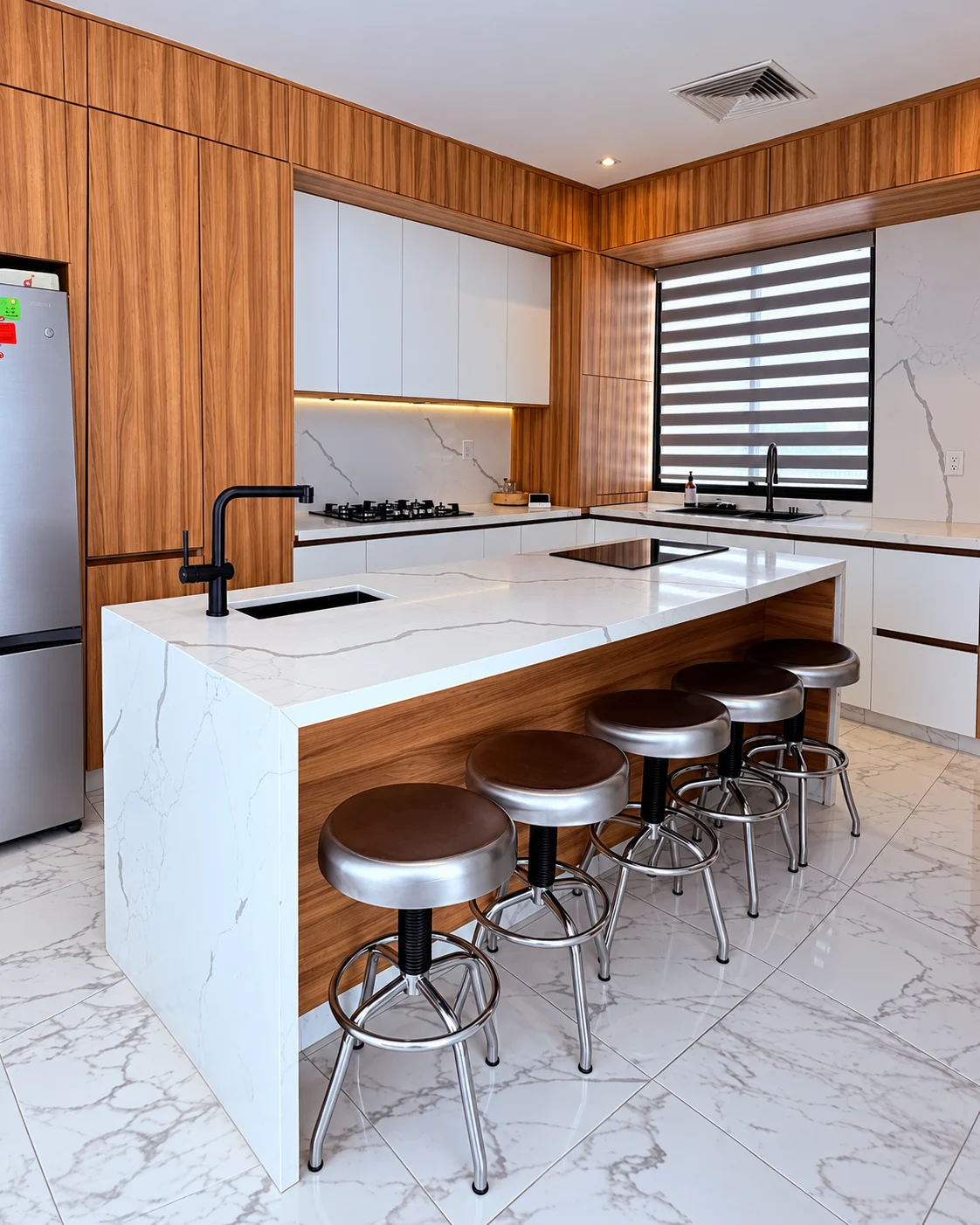 Cocina Japandi con isla, bancos y acabados en madera y blanco