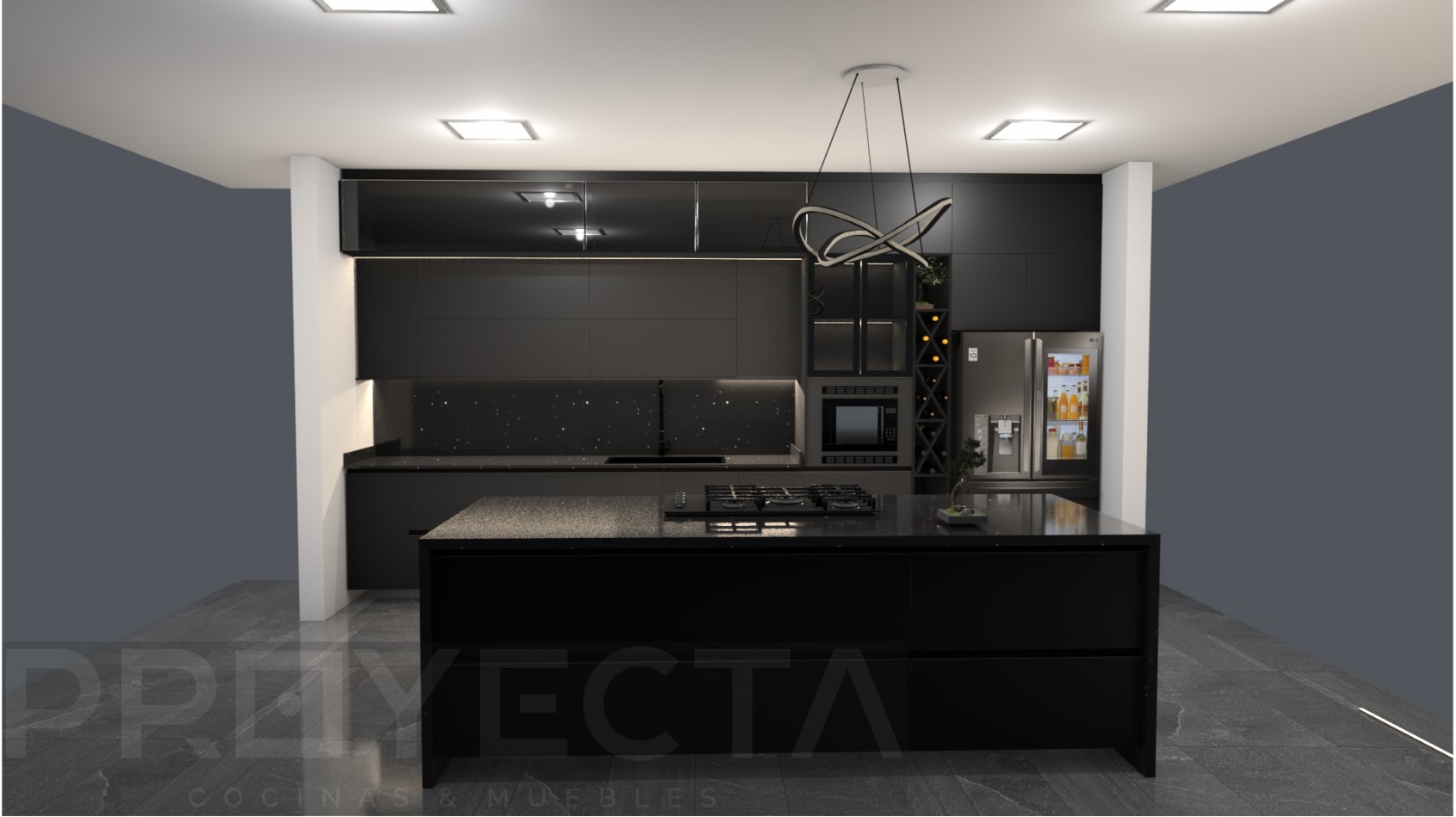 Cocina hecha por Proyecta, tamaño de vivienda social, melamina olmo sabi, negro mate y barra de granito negro vía láctea